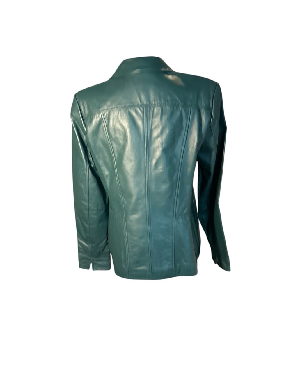 Women's Teal Leather Zip-Front Jacket - Sleek Fitted Style - Picture 3 of 9